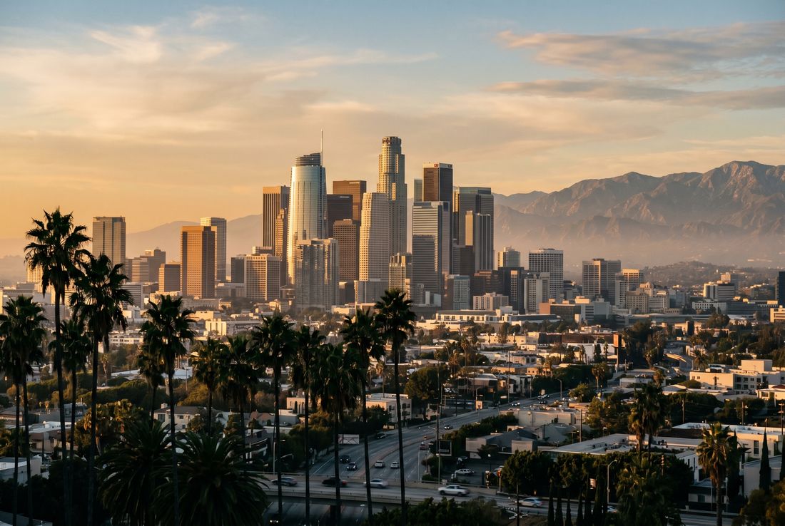 Downtown Los Angeles skyline at golden hour
